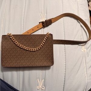 Brown Michael Kors Monogram Crossbody Bag with Gold Chain